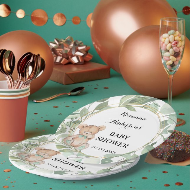 Bear Greenery Gold Baby Shower Paper Plate (Multi)