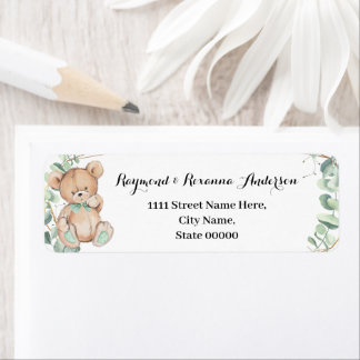 Bear Greenery Gold Baby Shower Return Address