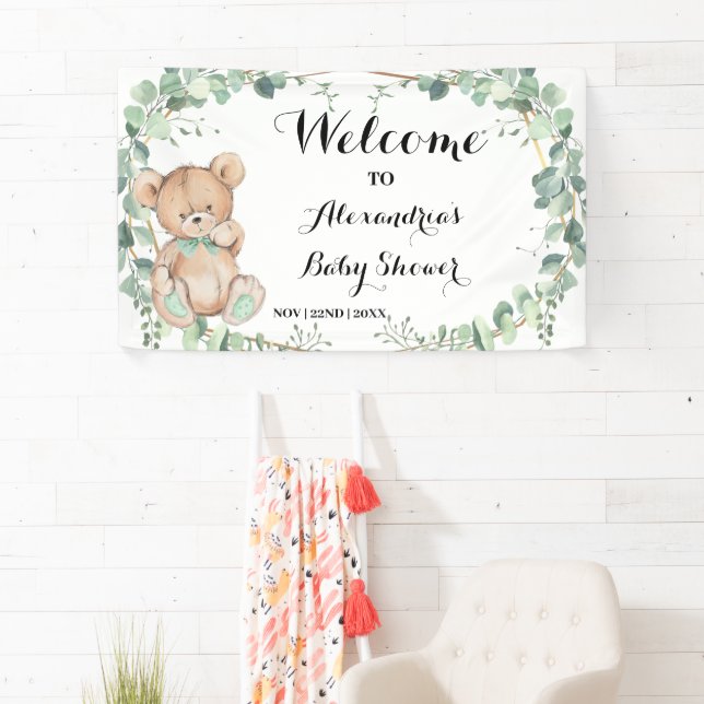 Bear Greenery Gold Welcome Baby Shower Banner (Insitu)
