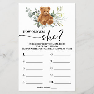 Bear Greenery How old Mum Baby Shower Game Card