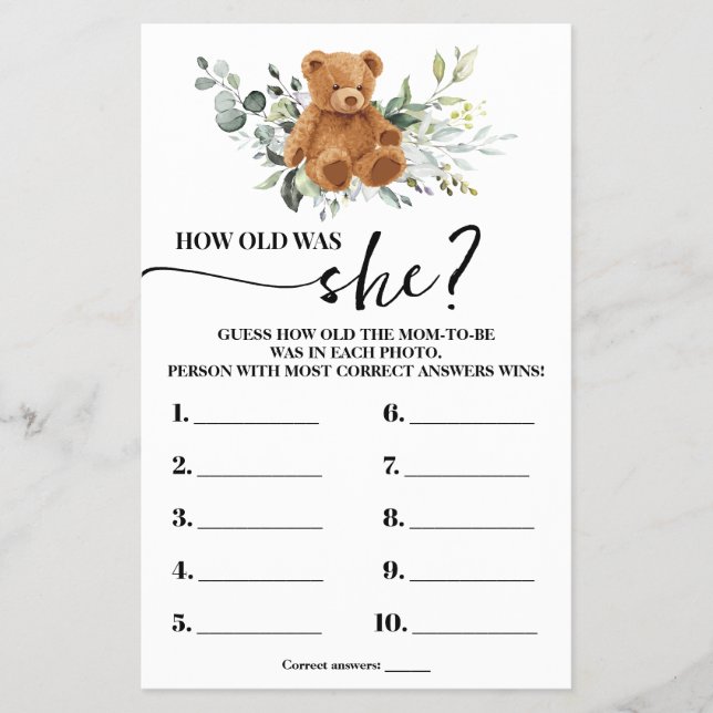 Bear Greenery How old Mum Baby Shower Game Card (Front)