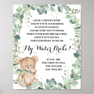 Bear Greenery My Water Broke Baby Shower Game Poster