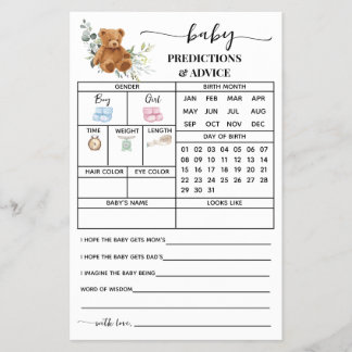 Bear Greenery Predictions Advice Baby Shower Card