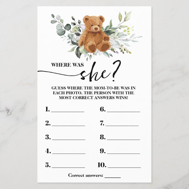 Bear Greenery Where was Mum to be Shower Game Card (Front)