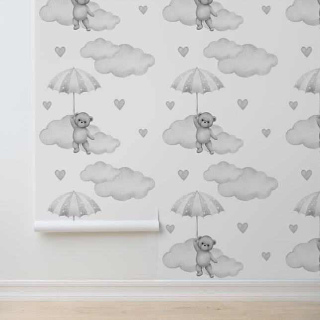 Bear Grey Umbrella Clouds Hearts Neutral Baby  Wallpaper (Application)
