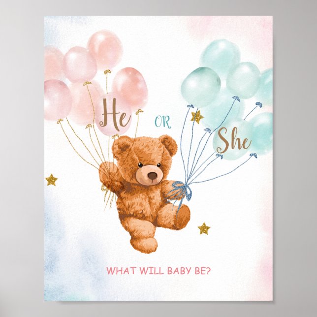 Bear He or She Pink and Blue Balloon Welcome Sign (Front)