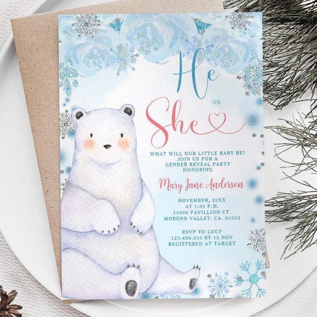 Bear He or She Winter Snowflakes Gender Reveal Invitation (Creator Uploaded)