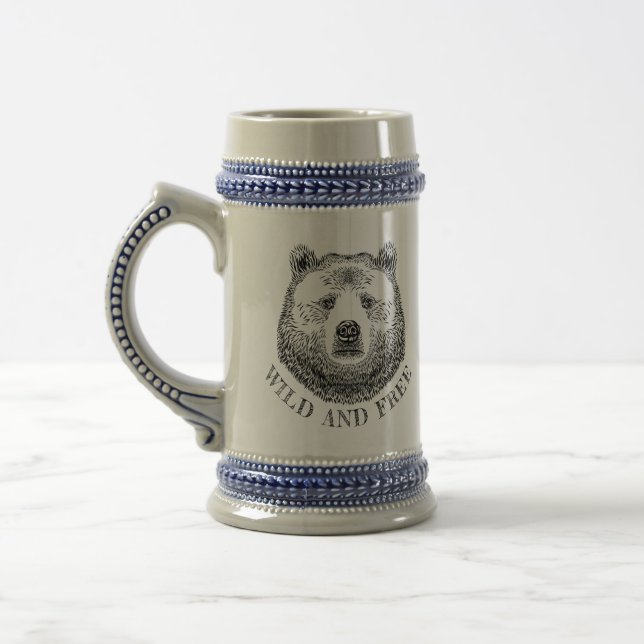 Bear Head, Wild And Free, Hand Drawn Illustration Beer Stein (Left)
