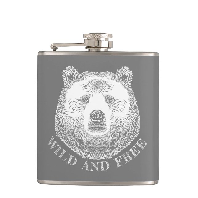 Bear Head, Wild And Free, Hand Drawn Illustration Hip Flask (Front)