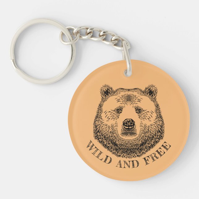 Bear Head, Wild And Free, Hand Drawn Illustration Key Ring (Front)