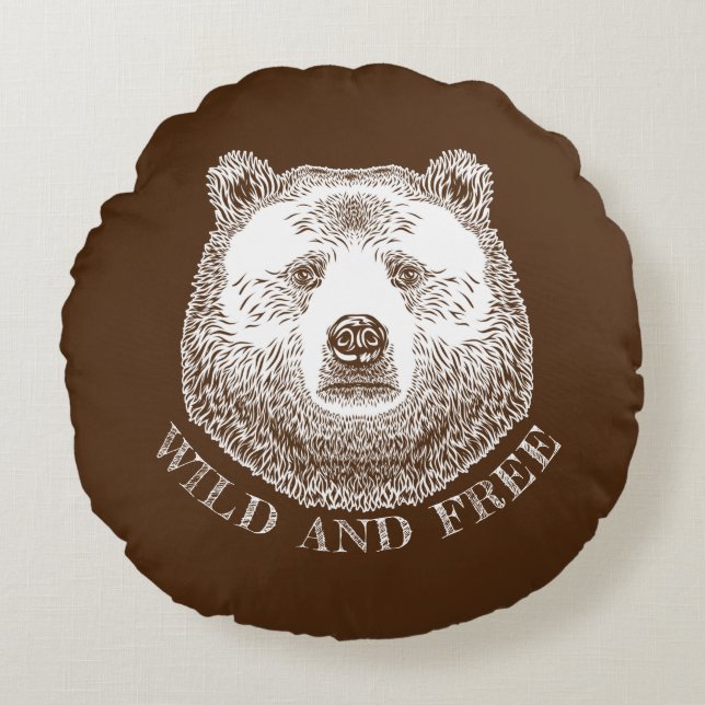 Bear Head, Wild And Free, Hand Drawn Illustration Round Cushion (Front)
