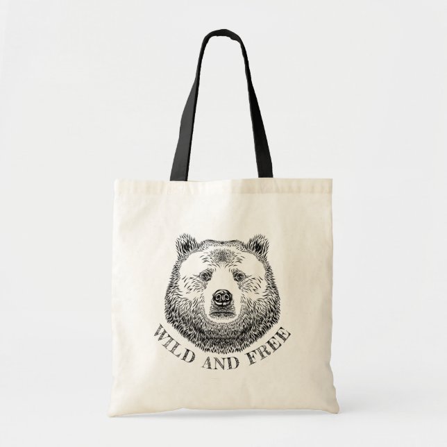 Bear Head, Wild And Free, Hand Drawn Illustration Tote Bag (Front)