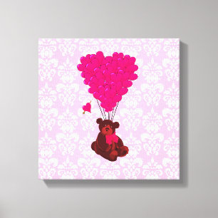 Bear & heart balloons on pink damask canvas print