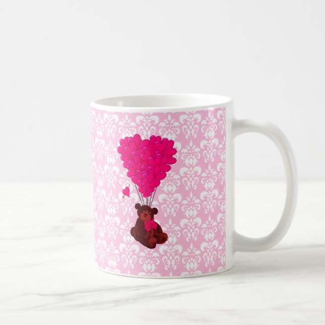 Bear & heart balloons on pink damask coffee mug (Right)