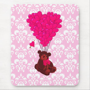 Bear & heart balloons on pink damask mouse pad