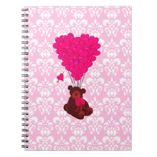Bear & heart balloons on pink damask spiral notebook