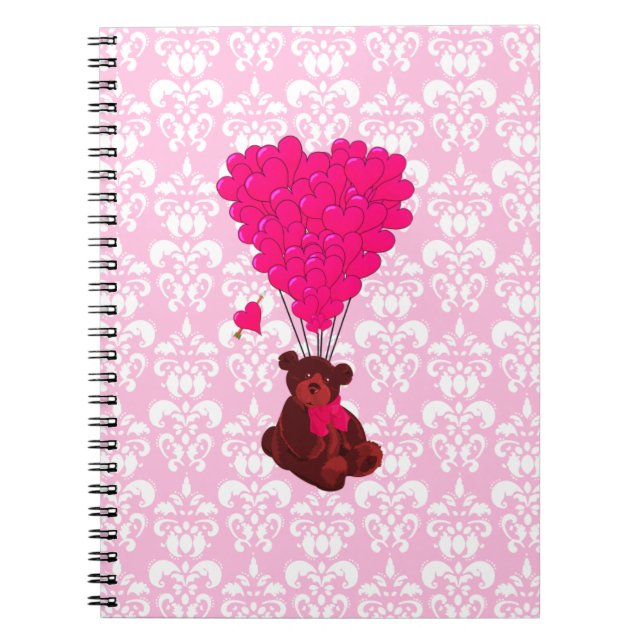 Bear & heart balloons on pink damask spiral notebook (Front)