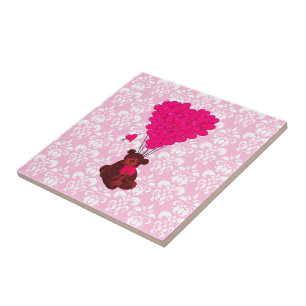 Bear & heart balloons on pink damask tile