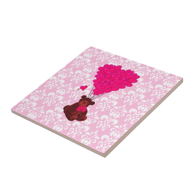 Bear & heart balloons on pink damask tile (Side)