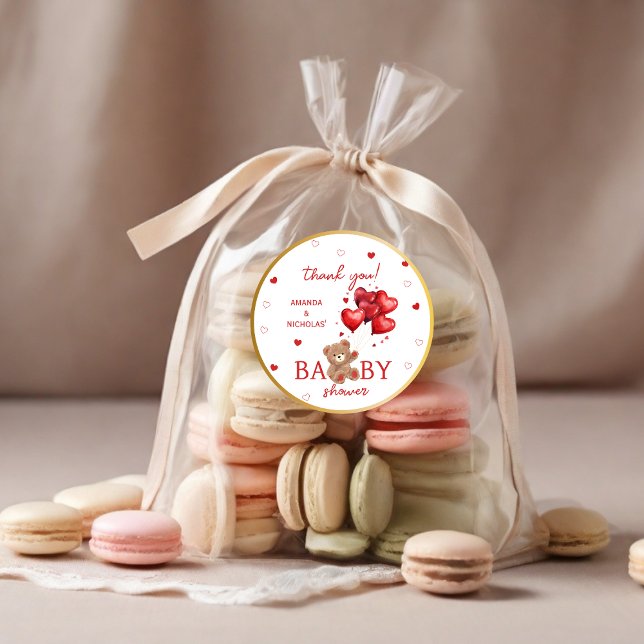 Bear Heart Balloons red Baby Shower Classic Round Sticker (Creator Uploaded)