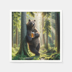 Bear Holding a Beer In Forest Napkin