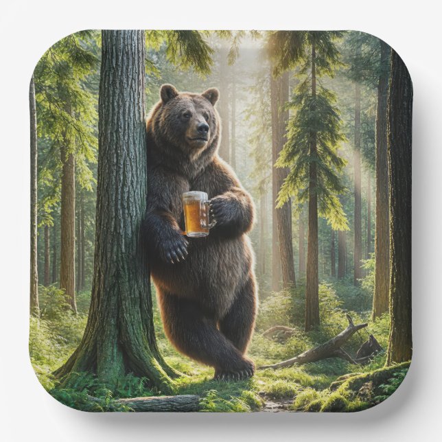 Bear Holding a Beer In Forest Paper Plate (Front)