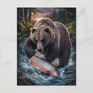 Bear holding a shimmering fish postcard
