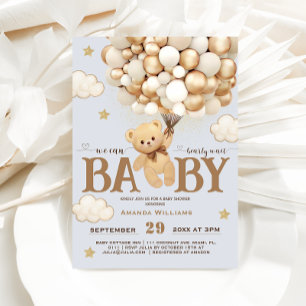 Bear holding Balloons Dusty Blue Baby Boy Shower Invitation