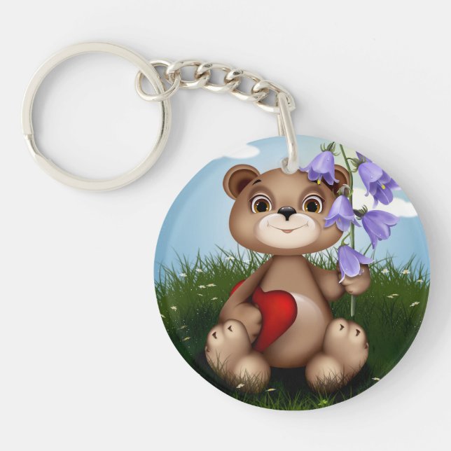 Bear Holding Bouquet Flower-30926 Key Ring (Front)