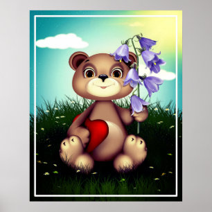 Bear Holding Bouquet Flower-30926 Poster