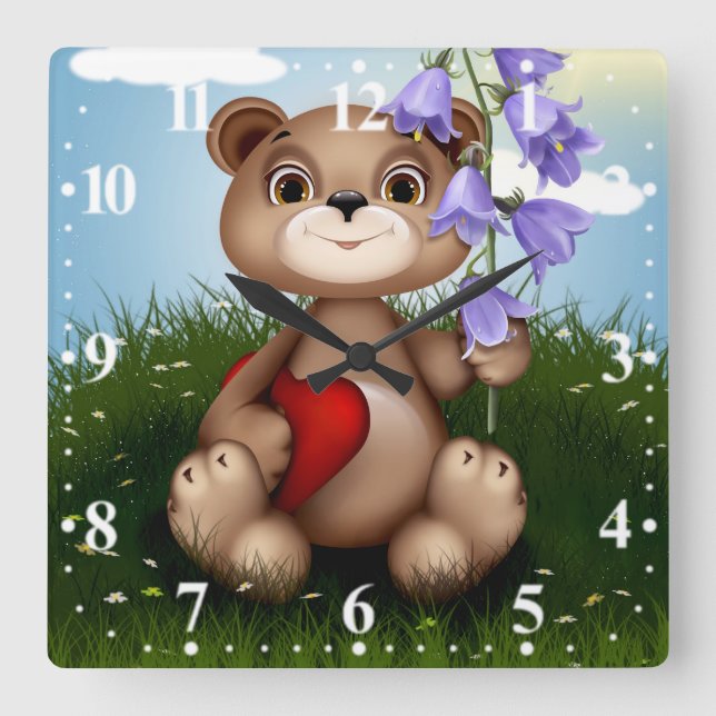 Bear Holding Bouquet Flower-30926 Square Wall Clock (Front)