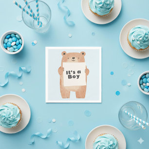Bear holding sign cute blue baby shower napkin