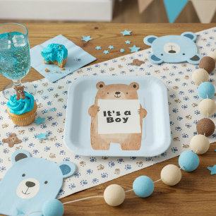 Bear holding sign cute blue baby shower paper plate