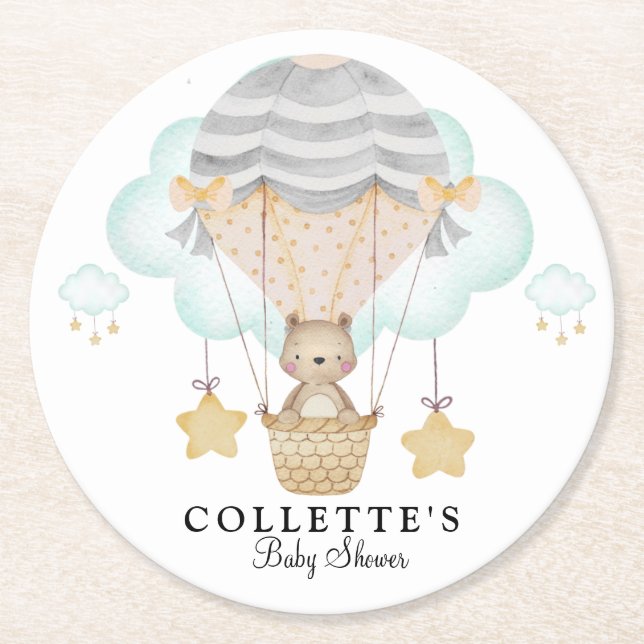 Bear Hot Air Balloon Baby Shower  Round Paper Coaster (Front)