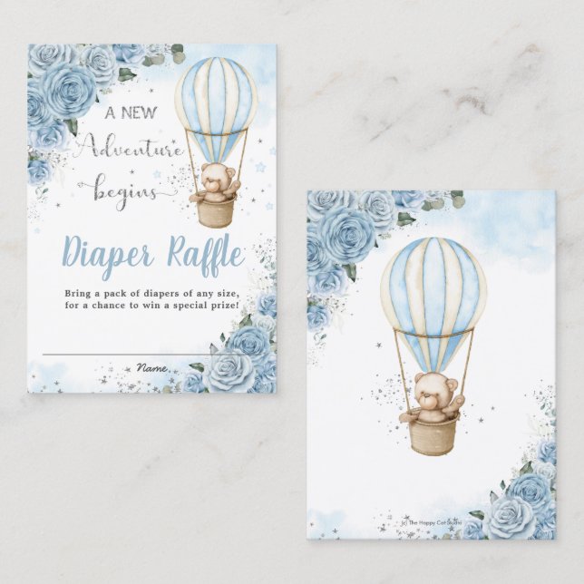 Bear Hot Air Balloon Blue Floral Diaper Raffle  Business Card (Front/Back)