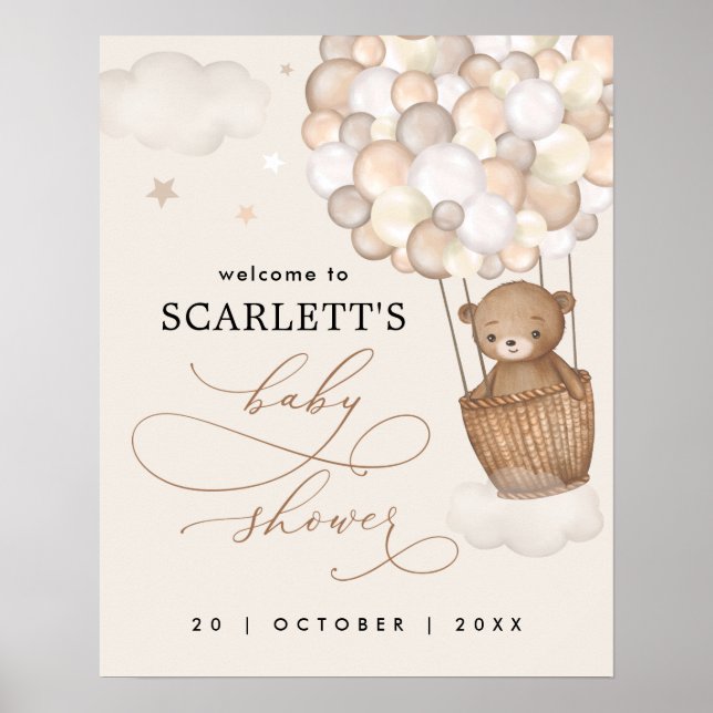 Bear Hot Air Balloon Neutral Baby Shower Welcome Poster (Front)