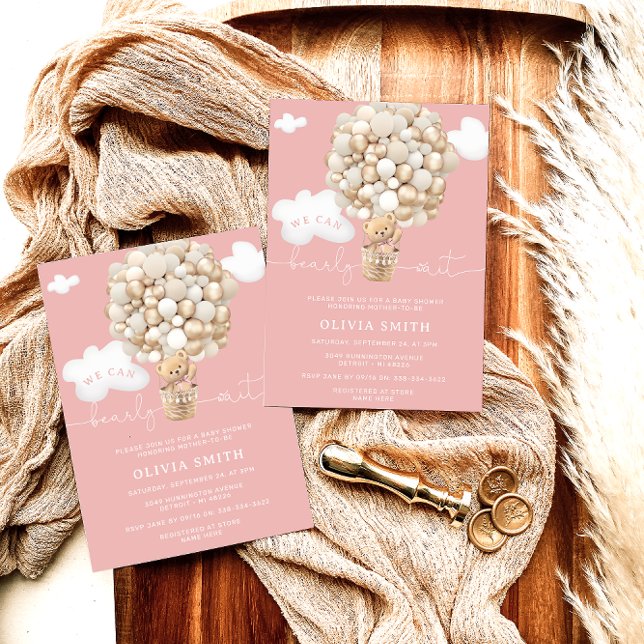 Bear Hot Air Balloon Pink Girl Baby Shower  Invitation (Creator Uploaded)