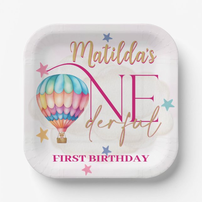 Bear in a Pink Balloon 7" Square Paper Plates (Front)
