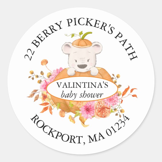 Bear in a Pumpkin Baby Shower Return Address Label (Front)