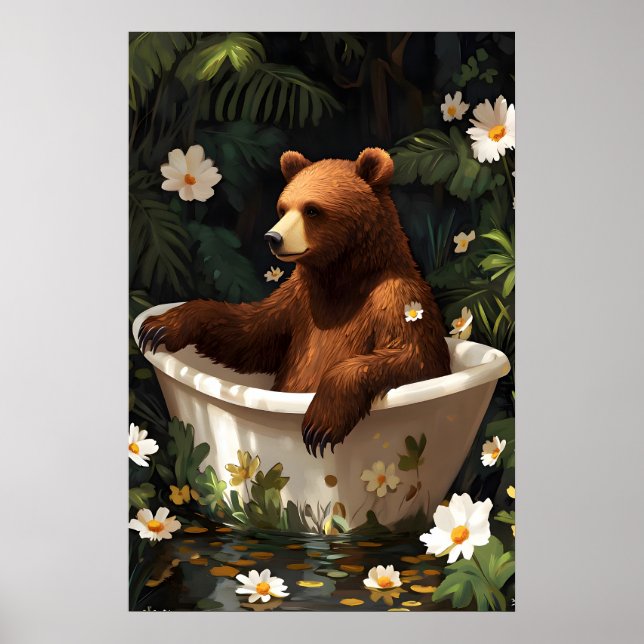 Bear In Bathtub Poster, Funny Animal Poster, Bear Poster (Front)