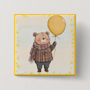 Bear in Brown Plaid Sweater with Yellow Balloon 15 Cm Square Badge