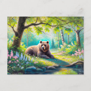 Bear in Forest Glade Pastel Chalk Drawing Postcard
