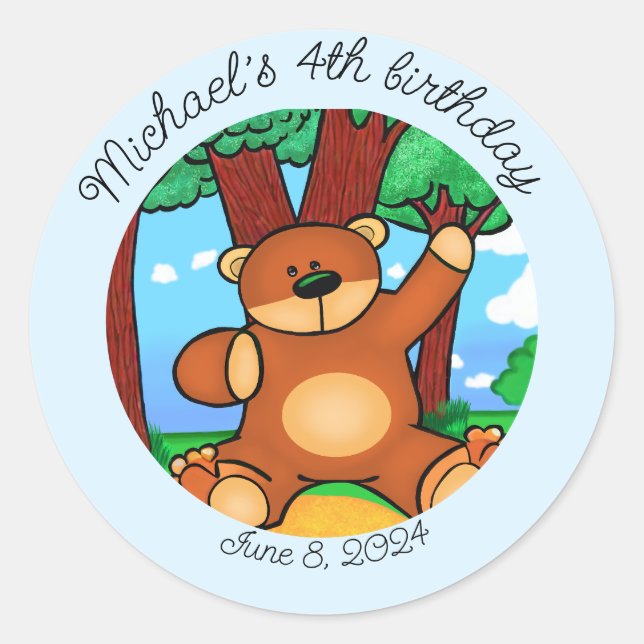 Bear in grassland birthday  classic round sticker (Front)