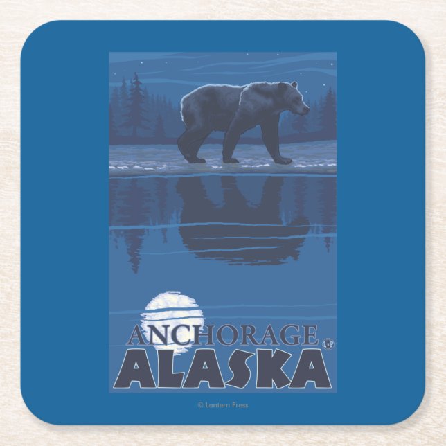 Bear in Moonlight - Anchorage, Alaska Square Paper Coaster (Front)