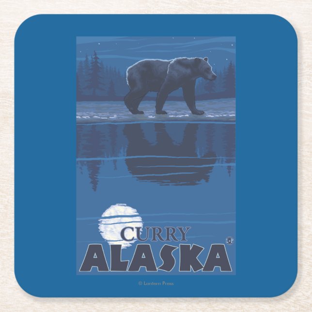 Bear in Moonlight - Curry, Alaska Square Paper Coaster (Front)