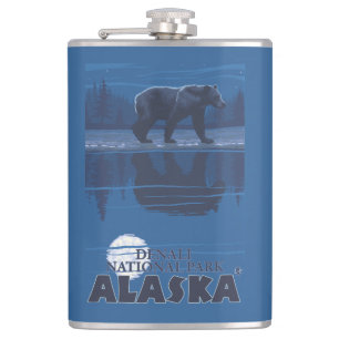 Bear in Moonlight - Denali National Park, Alaska Hip Flask