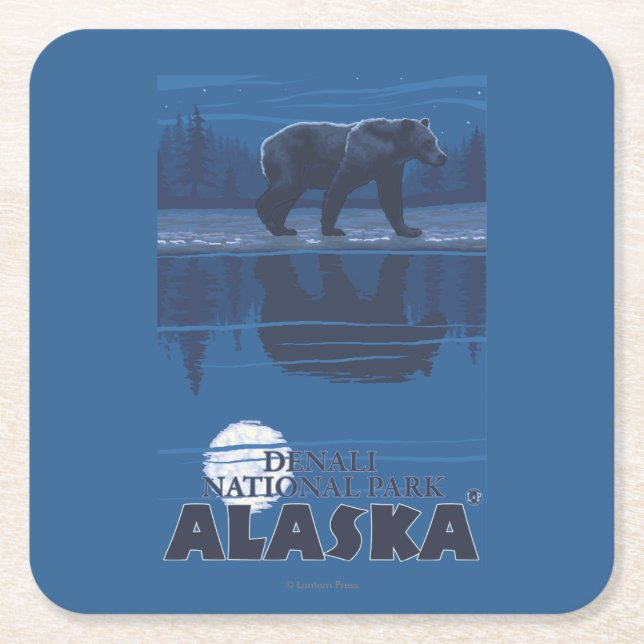 Bear in Moonlight - Denali National Park, Alaska Square Paper Coaster (Front)