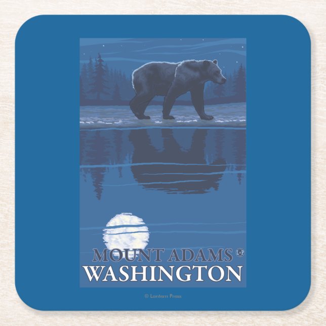 Bear in Moonlight - Mount Adams, Washington Square Paper Coaster (Front)