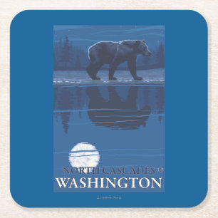 Bear in Moonlight - North Cascades, Washington Square Paper Coaster