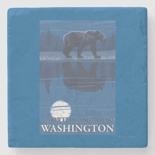 Bear in Moonlight - North Cascades, Washington Stone Coaster (Front)